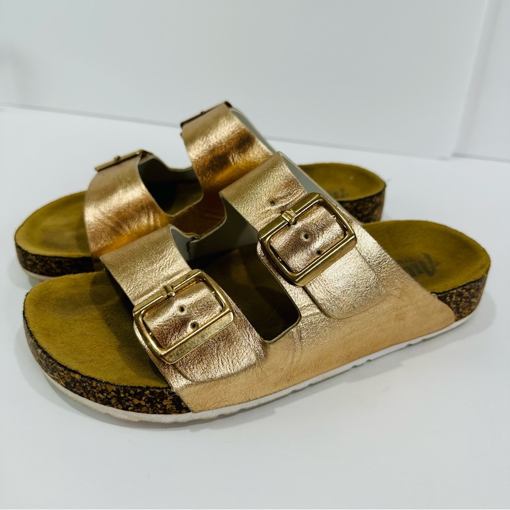 🩷 AUSTIN TRADING CO. WOMENS ROSE GOLD DUAL STRAP CORK SLIDES SIZE 7 GOOD - Picture 2 of 13